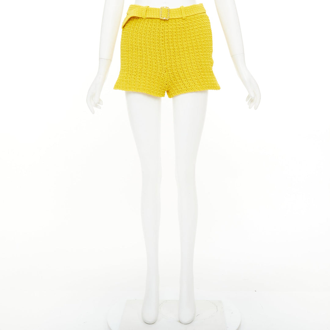 CHANEL 25C Runway yellow textured openwork knit belted shorts FR34 XS