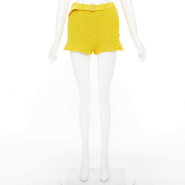 CHANEL 25C Runway yellow textured openwork knit belted shorts FR34 XS