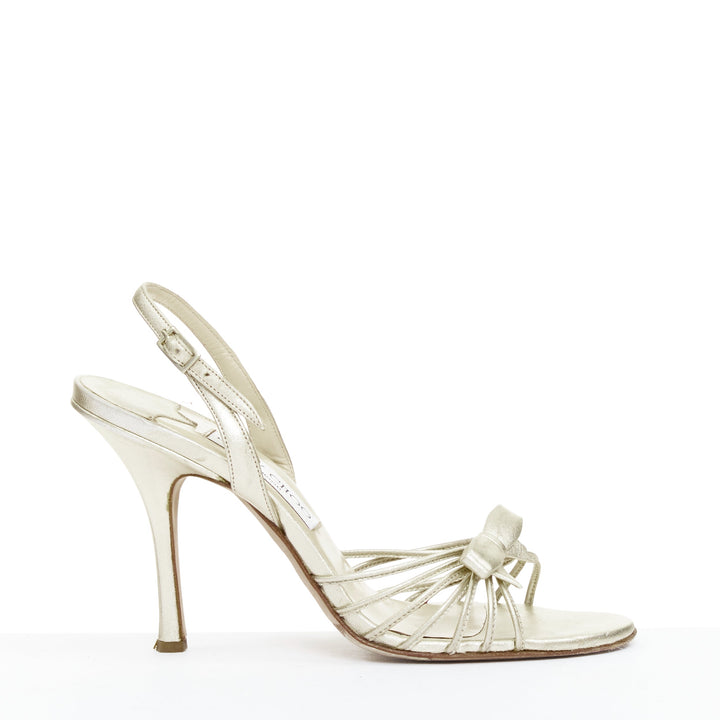 JIMMY CHOO Essence nappa opale gold leather ribbon bow strappy sandals EU37
