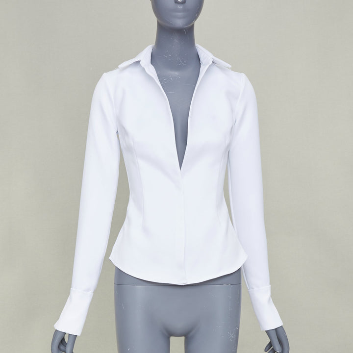 LAQUAN SMITH 2022 white darted crisp plunge neck collar fitted shirt XS