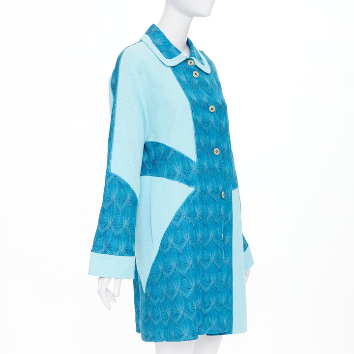 MISSONI Vintage blue patchwork knit pointelle boucle lace wool coat IT42 M