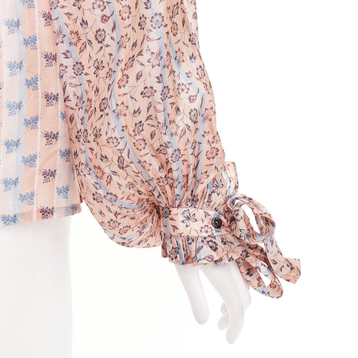 LOUIS VUITTON 2018 Runway 100% silk pink floral stripes pussybow blouse FR36 S