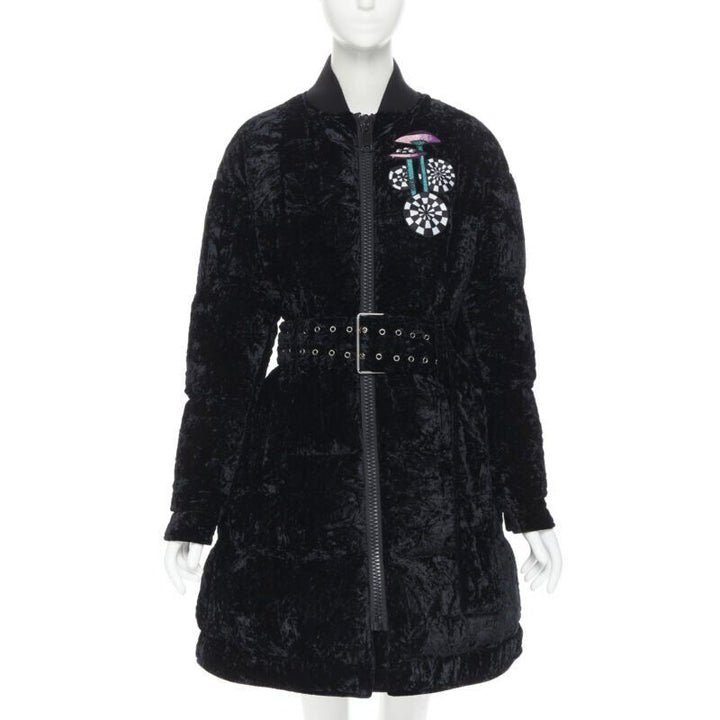 VERSUS VERSACE embroidery black crushed velvet belted puffer jacket IT38