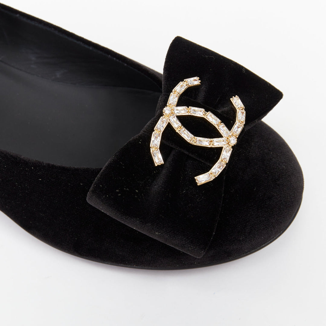 CHANEL 2020 black velvet crystal CC bow ankle strap mary jane ballet flats EU37C