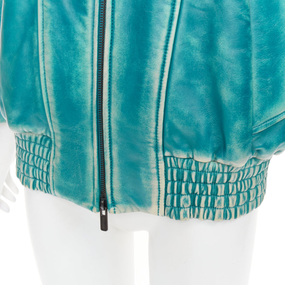 rare MIU MIU 2018 Runway green wash distress lambskin oversized jacket IT36 XXS