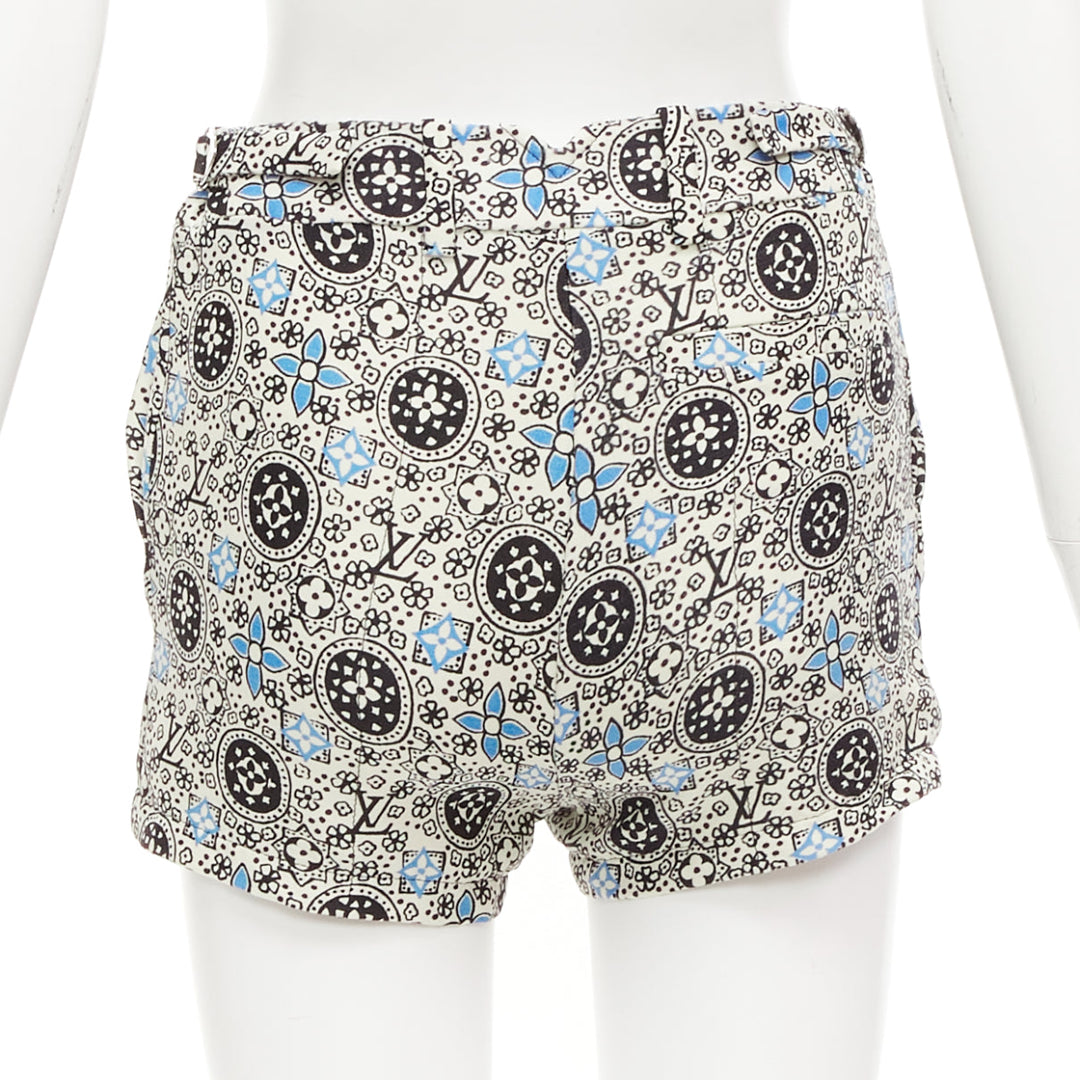 LOUIS VUITTON Majolica floral monogram print cream blue wool silk shorts FR34 XS