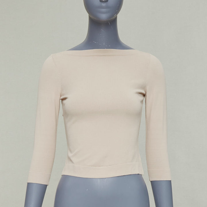 ALAIA light nude viscose blend cropped sleeved bateau neck sweater FR36 S