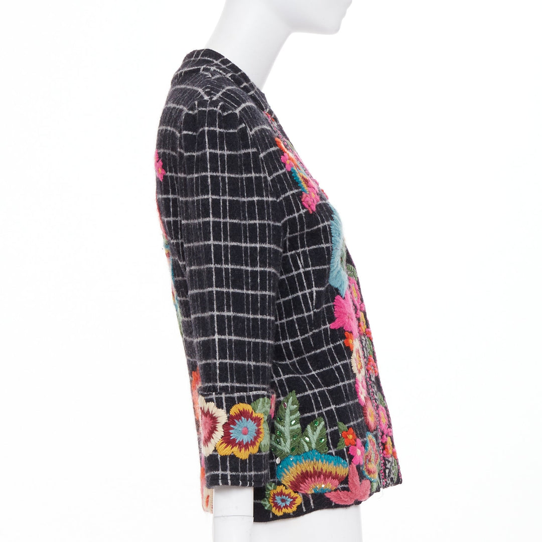 KENZO 2008 Vintage black white grid check wool floral embroidered jacket L