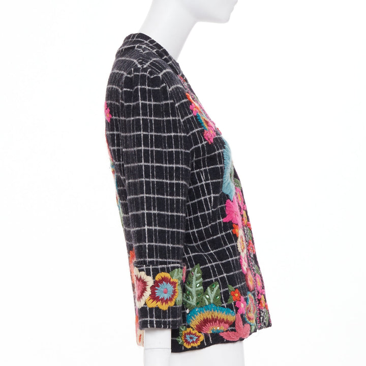 KENZO 2008 Vintage black white grid check wool floral embroidered jacket L
