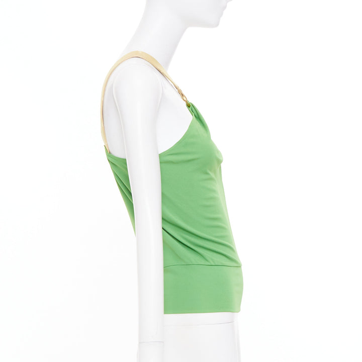 CELINE 2002 Runway horn ring green leather asymmetric shoulder halter top FR36 S