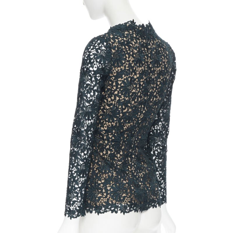 STELLA MCCARTNEY 2013 green floral guipure lace fitted waist lined top IT36 XS