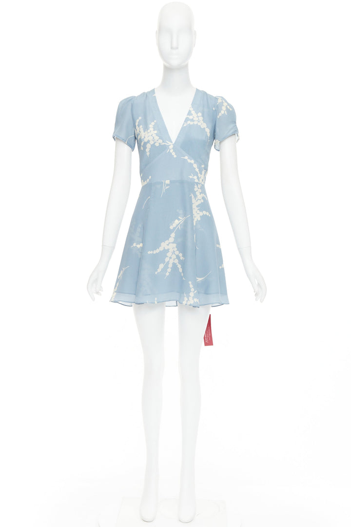 REALISATION Luella 100% silk light blue cream floral print V neck sundress XS