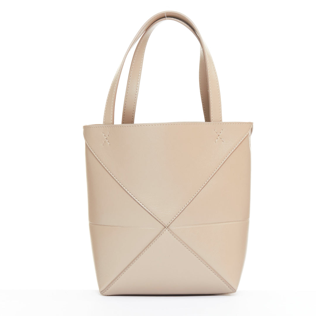 LOEWE 2023 Mini Puzzle Fold Tote sand grey leather gold logo top handle bag