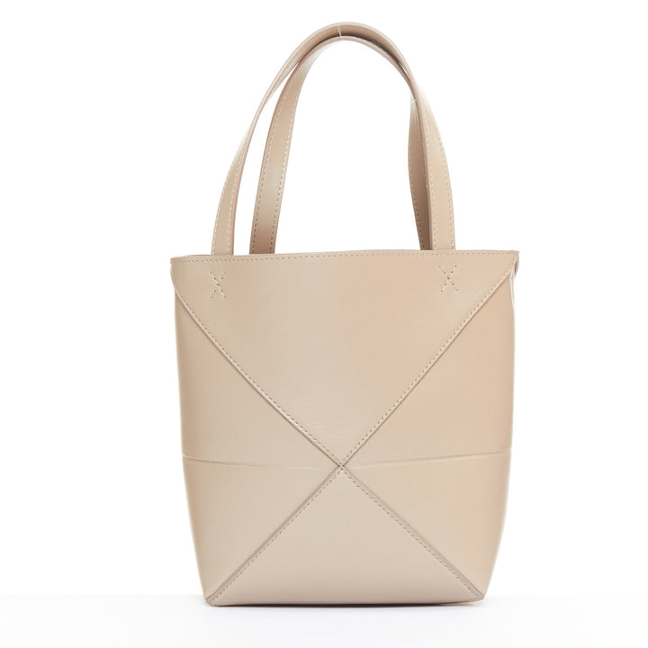 LOEWE 2023 Mini Puzzle Fold Tote sand grey leather gold logo top handle bag