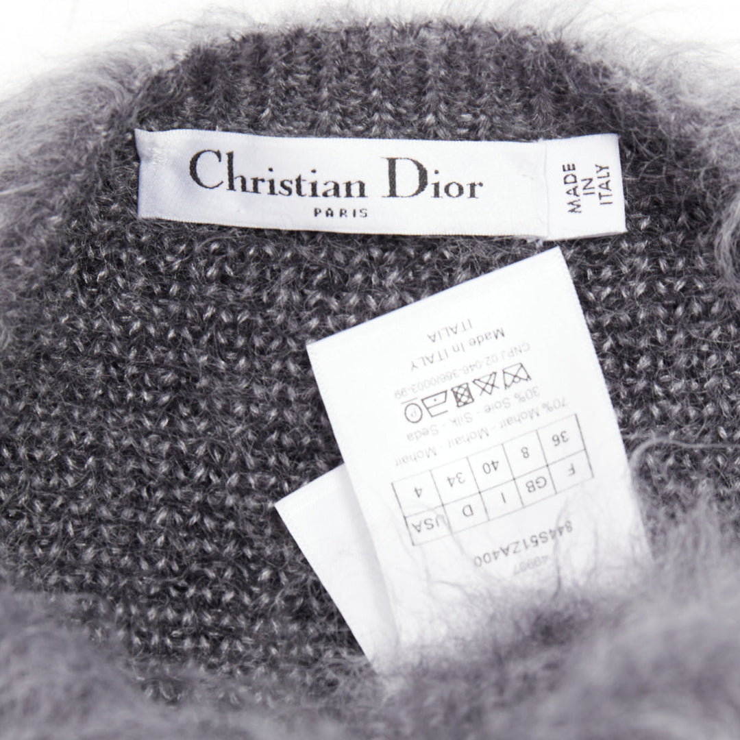 CHRISTIAN DIOR grey mohair silk black graphic fluffy long sleeve sweater FR36 S