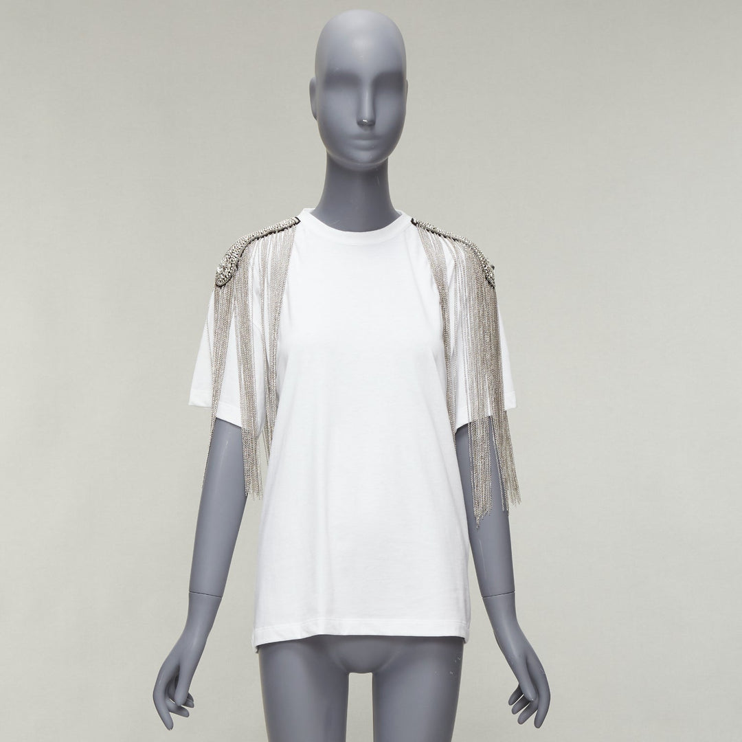 CHRISTOPHER KANE white military silver chain embellished shoulder tshirt XS
