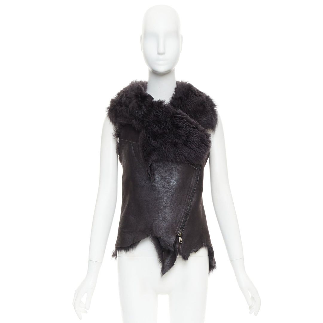 KARL DONOGHUE black lambskin leather fur lined asymmetric jagged hem vest XS