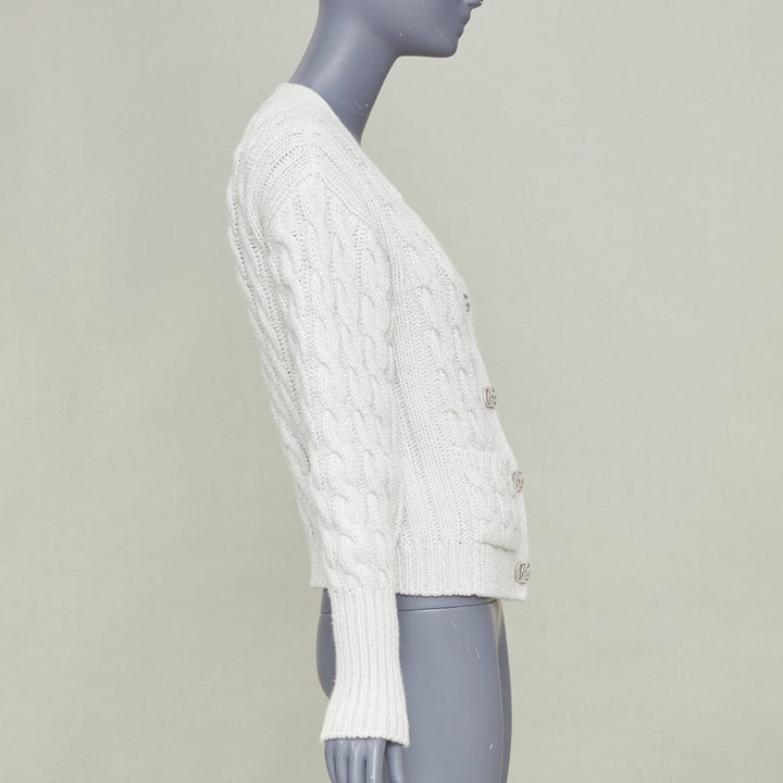 GUCCI 2024 Runway grey lurex metallic cable knit wool cashmere cardigan XS