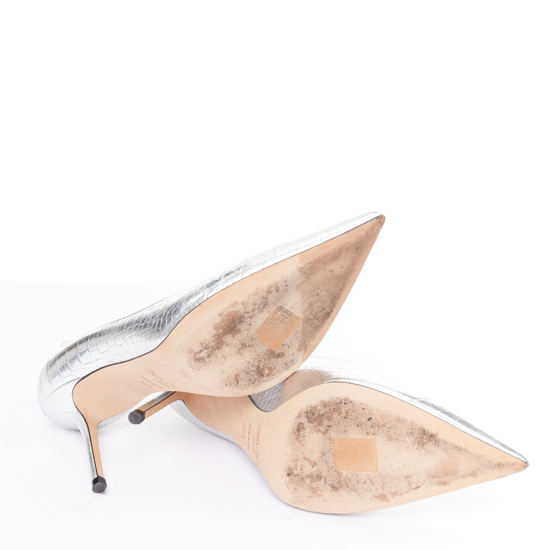 JIMMY CHOO Love mirrored silver croc embossed leather pointy pumps EU39.5