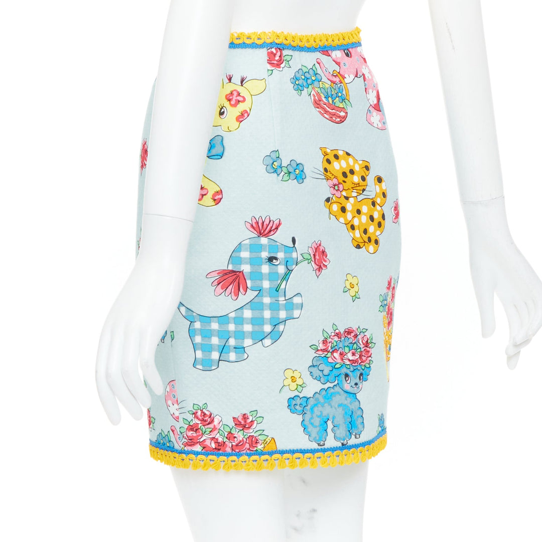 MOSCHINO 2022 Runway Calico Animals Piquet Nursery blue mini skirt IT38 XS