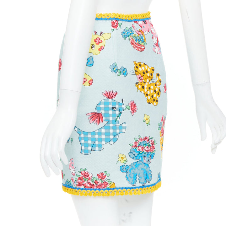 MOSCHINO 2022 Runway Calico Animals Piquet Nursery blue mini skirt IT38 XS