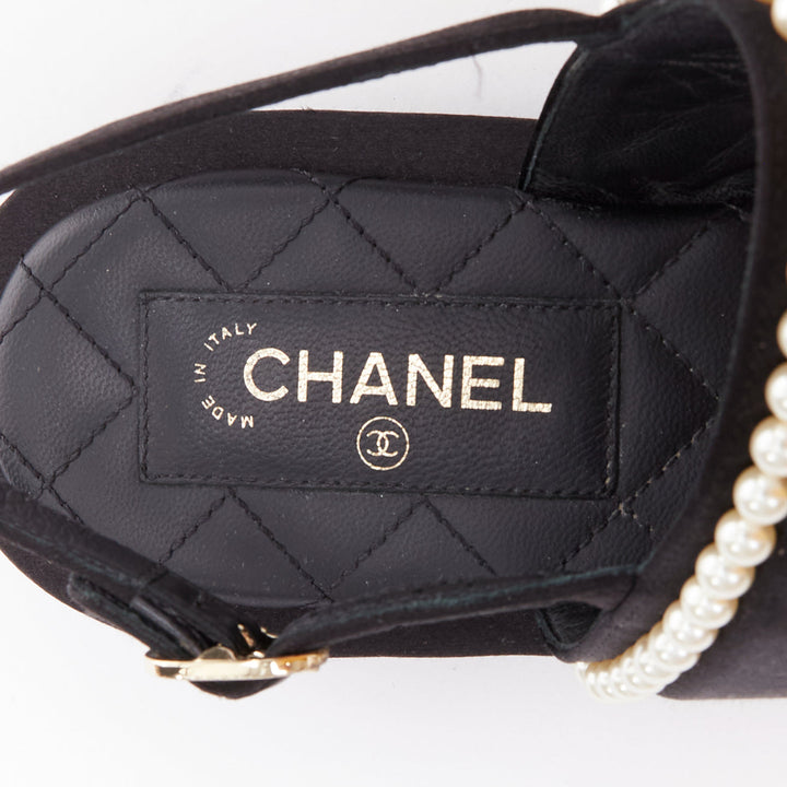 CHANEL 2022 black pearl embellished satin CC flat dad sandals EU36.5