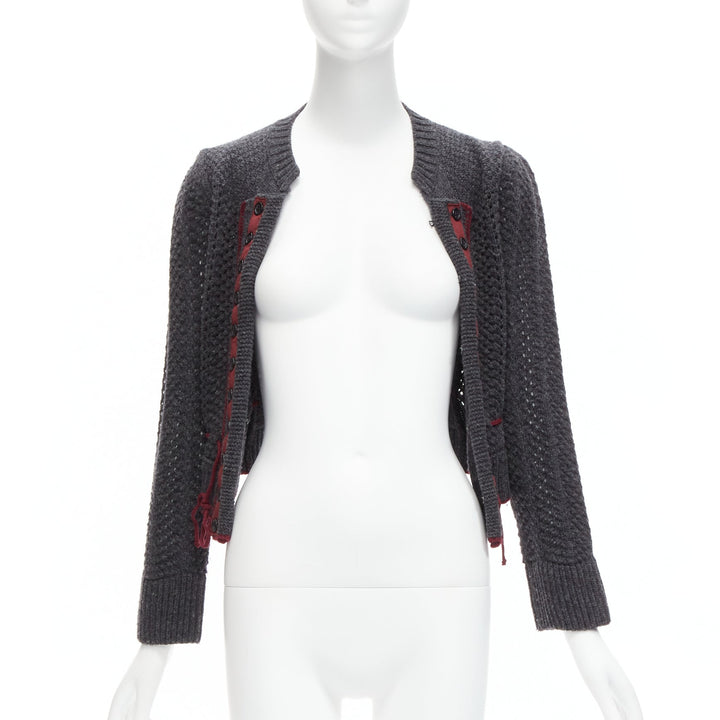 CHLOE Stella McCartney Vintage grey wool burgundy military cropped cardigan S