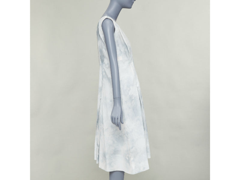 MARNI offwhite steel blue tie dye print cotton round neck layered dress IT36 XXS