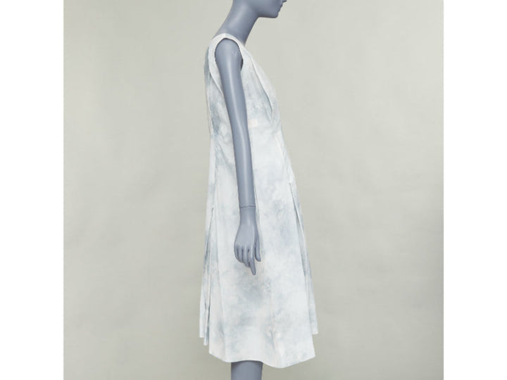 MARNI offwhite steel blue tie dye print cotton round neck layered dress IT36 XXS