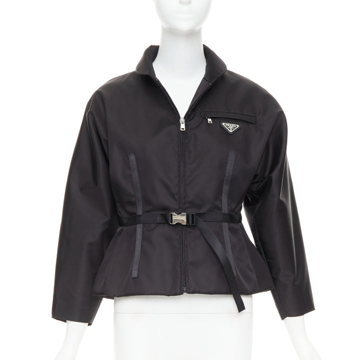 PRADA 2021 Re-Nylon black silver triangle logo contour waist belt jacket IT42 M