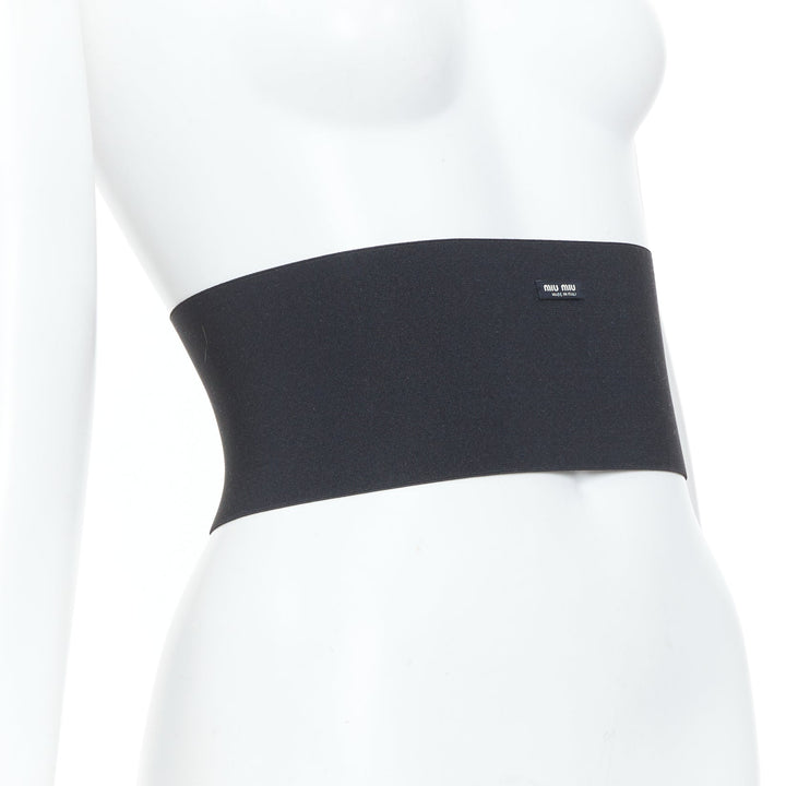 MIU MIU logo patch hook and eye corset wide elastic black cincher waist belt