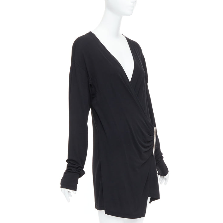 DONNA KARAN Vintage black viscose blend V neck silver buckle drape mini dress L