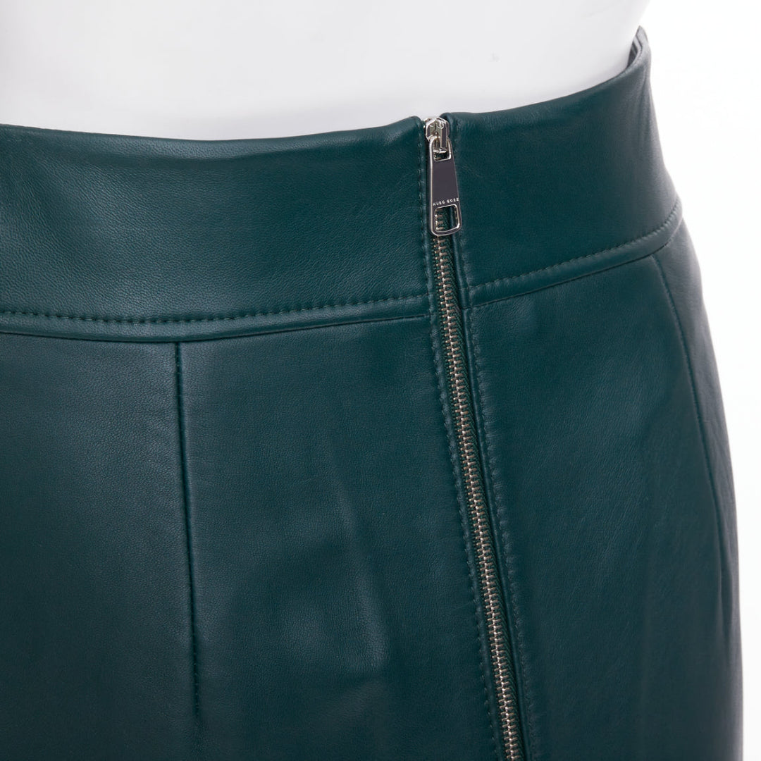 BOSS dark green panelled lambskin leather exposed silver zip pencil skirt US2 S