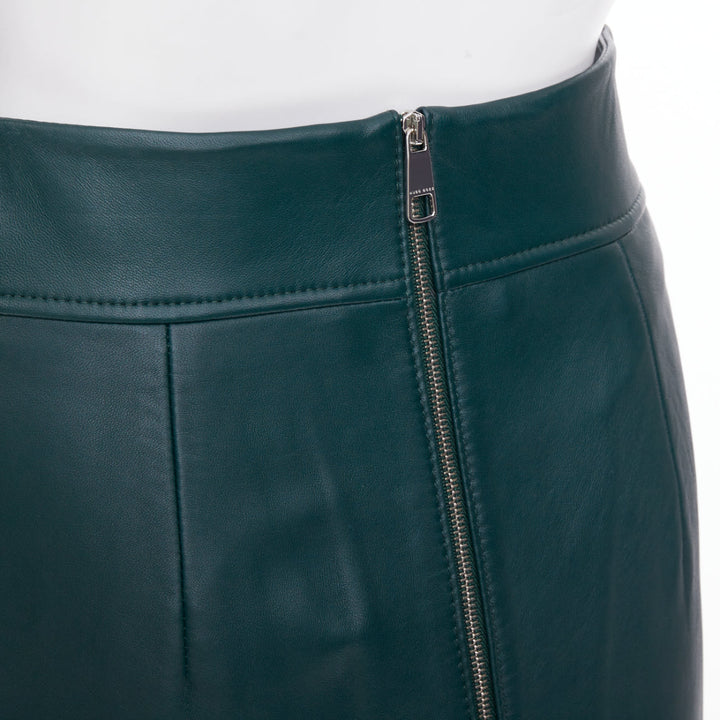 BOSS dark green panelled lambskin leather exposed silver zip pencil skirt US2 S