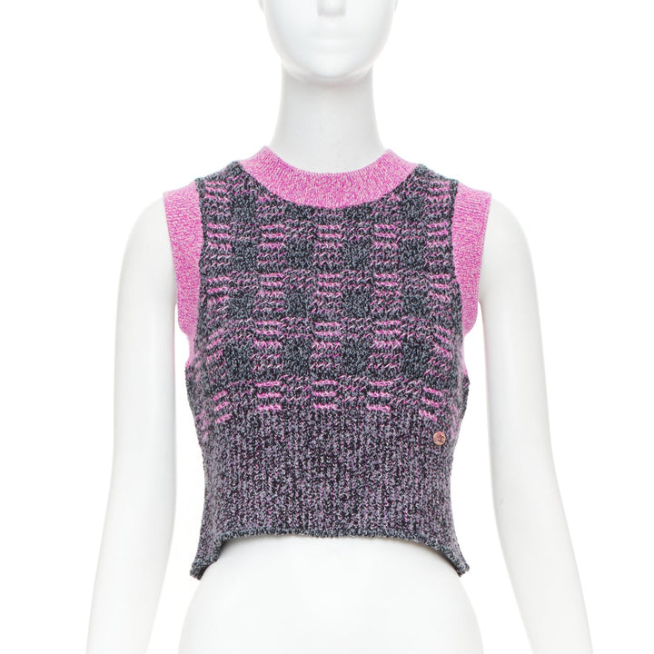 CHANEL 2022 Runway check cc plaque fuchsia trim cropped cashmere knit vest FR38
