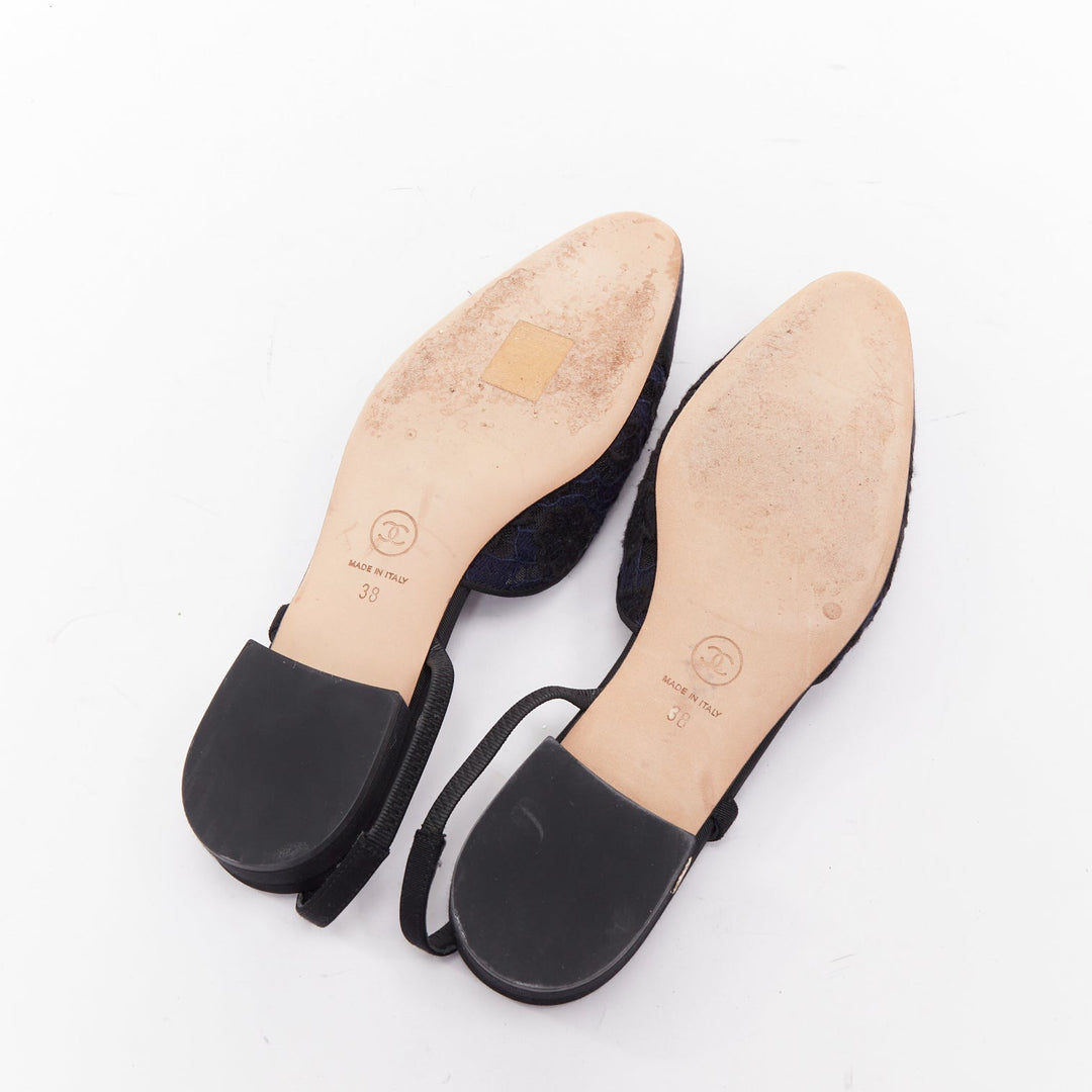 CHANEL navy black lace silver CC logo lace grosgrain slingback ballet flat