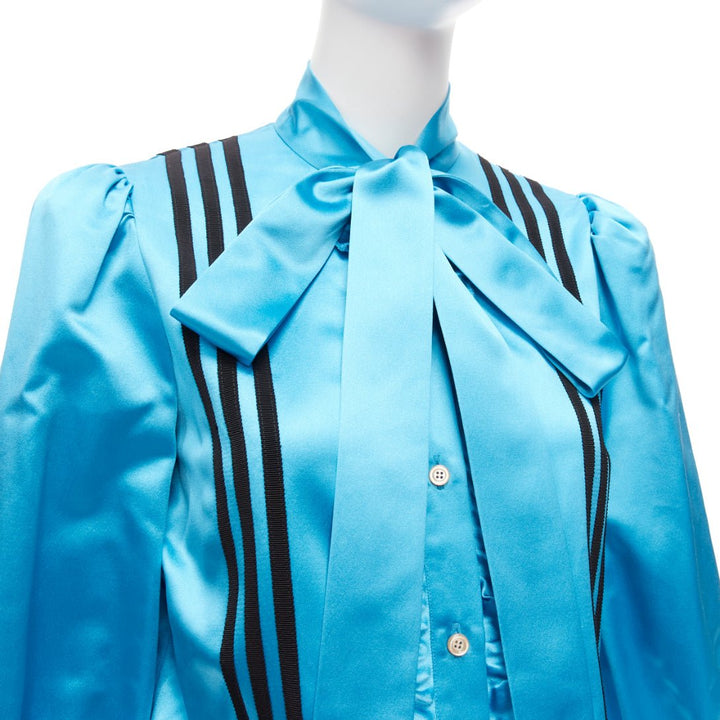 rare GUCCI ADIDAS blue silk 3 stripe pussy bow Victorian puff sleeve blouse IT38