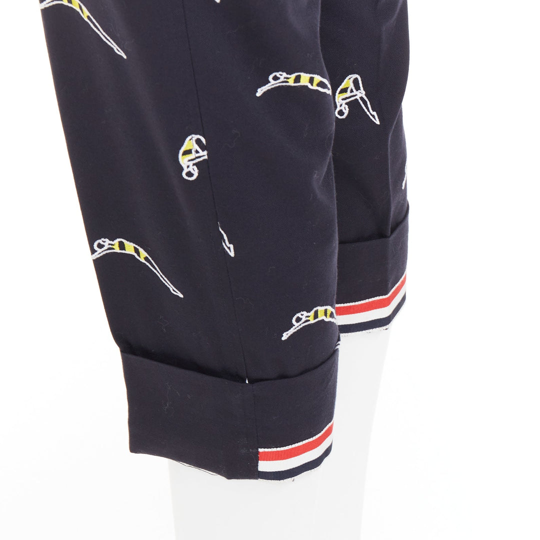THOM BROWNE navy blue cotton yellow diver embroidery cropped chino pants US0 XS