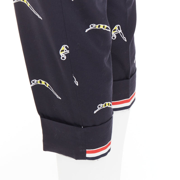 THOM BROWNE navy blue cotton yellow diver embroidery cropped chino pants US0 XS