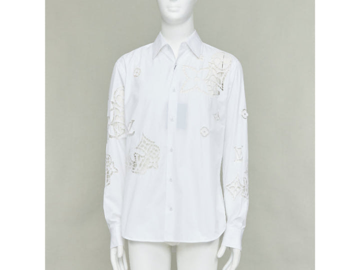 LOUIS VUITTON 2020 Runway Broderie Anglaise Flower Slim white LV eyelet shirt L