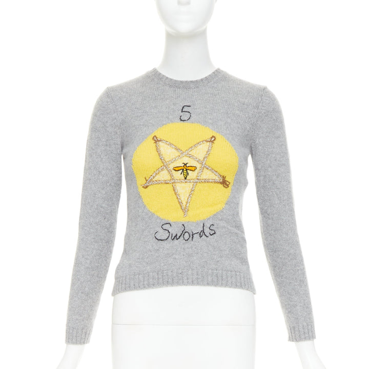 CHRISTIAN DIOR 100% cashmere 5 Swords grey yellow embroidered sweater  FR34 XS