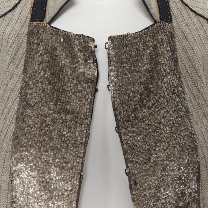 vintage CHLOE grey wool herringbone sequins collar cropped military jacket Fr34