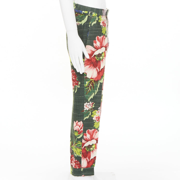 TOM FORD green pink cotton silk floral print slim tailored trousers IT48 M