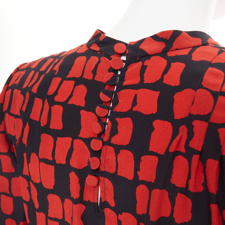 SAINT LAURENT 2012 red black geometric block silk shoulder padded dress FR34 XXS