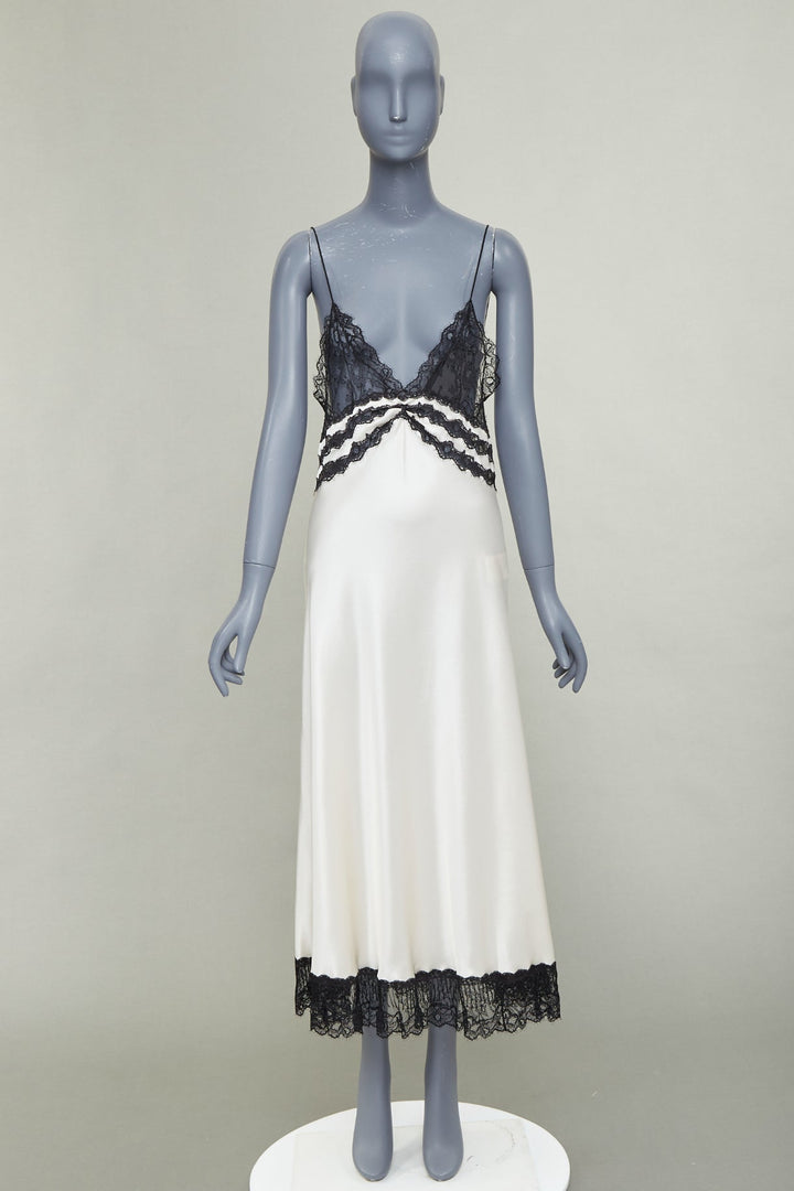 SAINT LAURENT 2022 Runway Bridal black lace ivory silk satin slip dress FR36 S