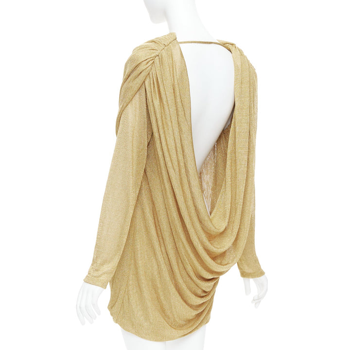 KHAITE Taiden gold metallic stretch knit drape open back mini dress L