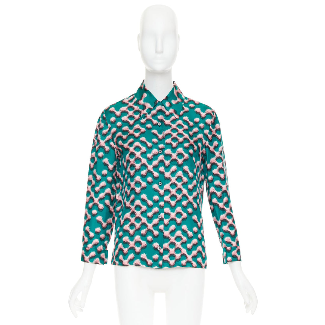 PRADA  100% silk green pink geometric print long sleeve shirt IT38 XS