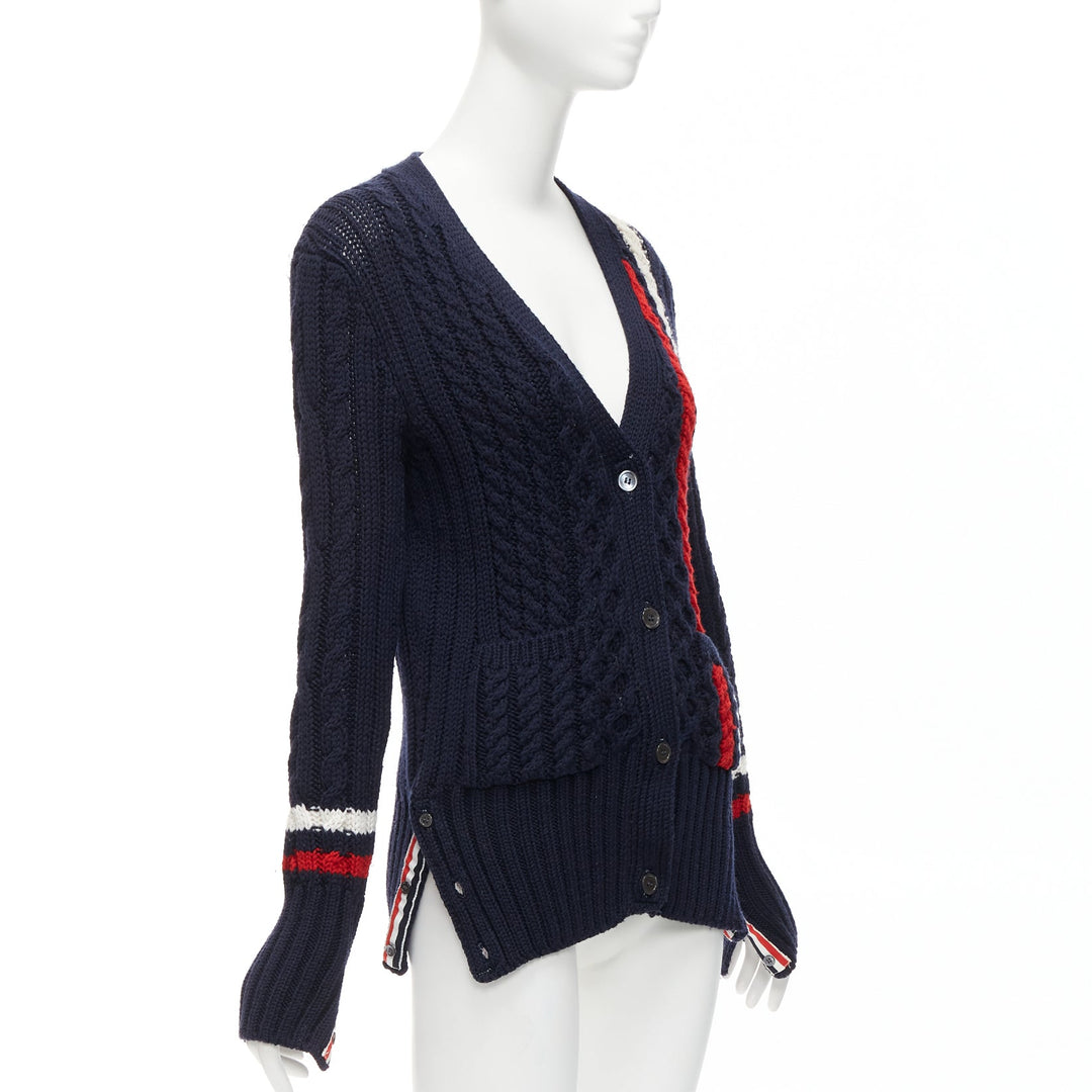 THOM BROWNE navy red white wool aran cable knit cardigan sweater IT40 S