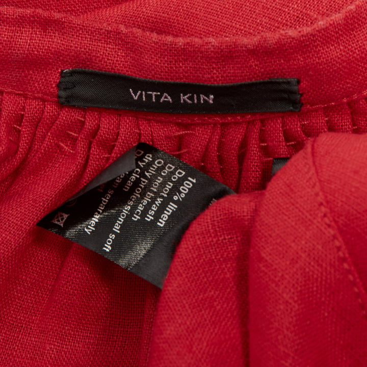 VITA KIN red linen blue folk ethnic embroidery boho peasant kaftan dress S/D