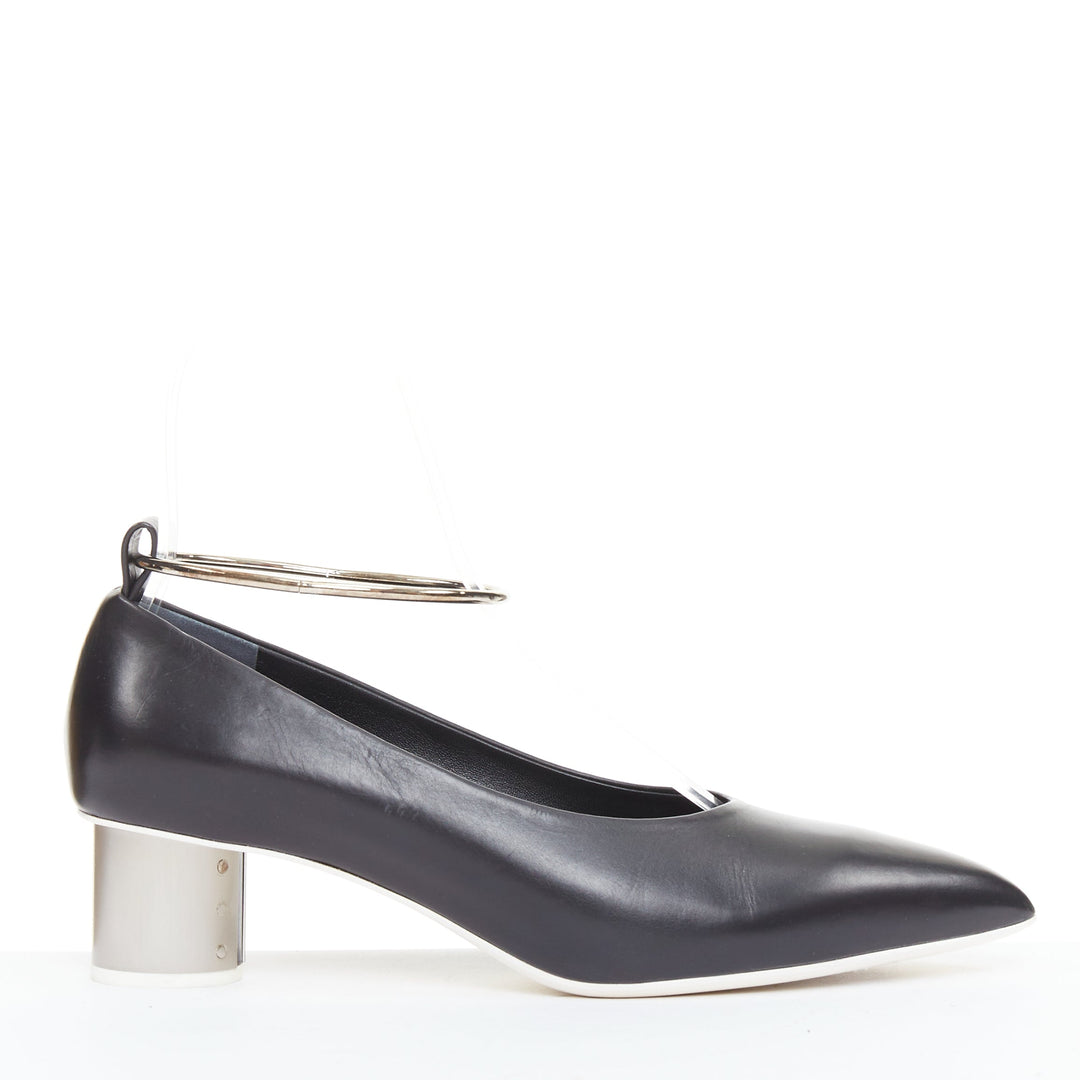 JIL SANDER black leather matte silver cylinder heel anklet ring pumps EU37